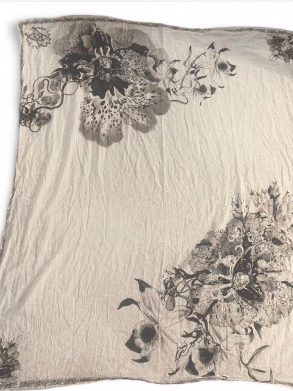 Roberto Cavalli Cream and Black Floral Silk Wrap